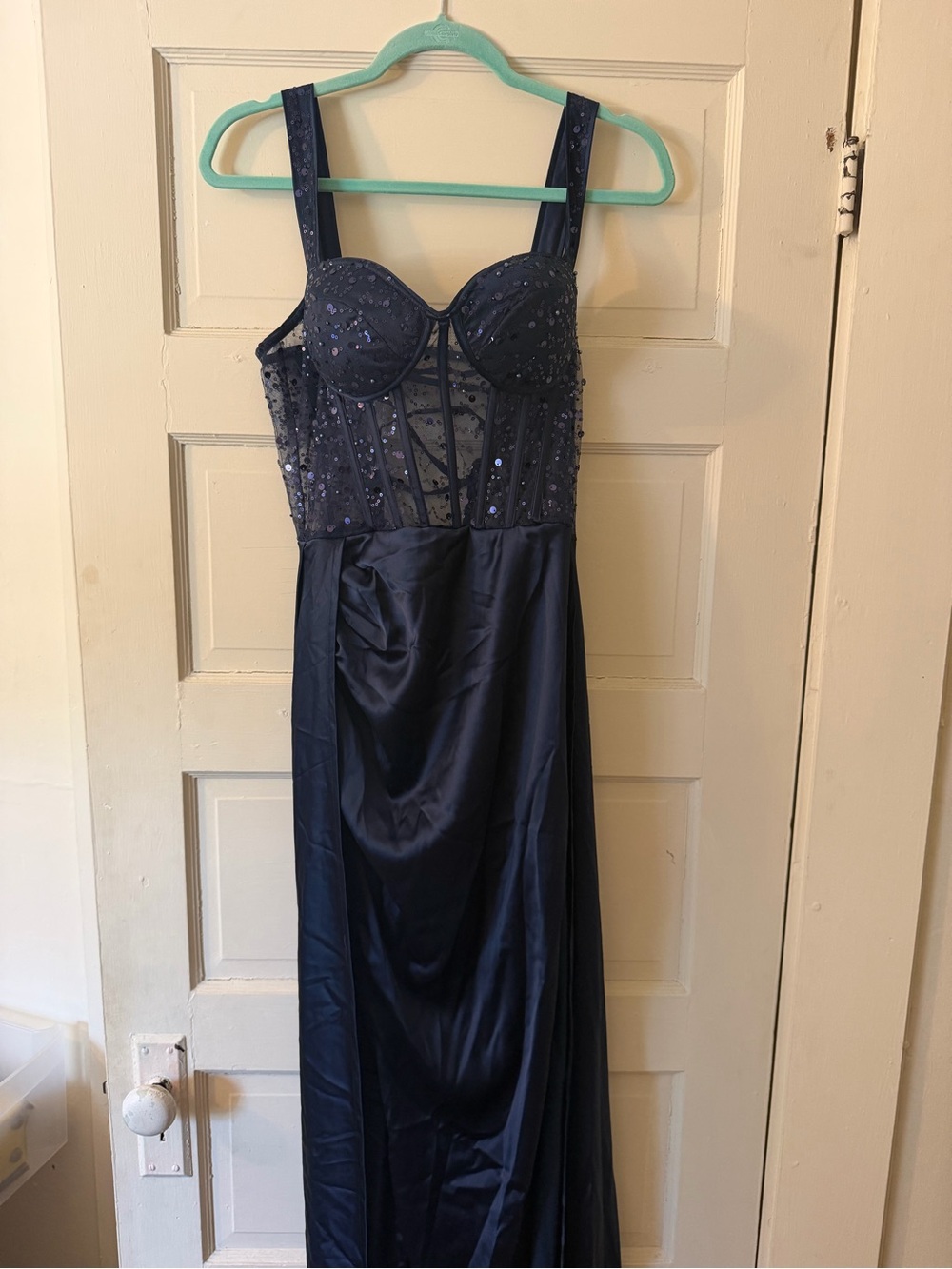 Navy Sequin Bustier Evening Dress